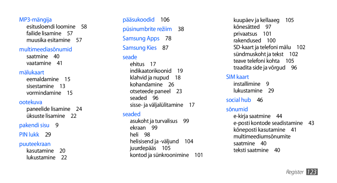 Samsung GT-S5830OKASEB, GT-S5830RWASEB manual Ekraan Heli , 104, Kontod ja sünkroonimine , 101, 100, Multimeediumsõnumite 